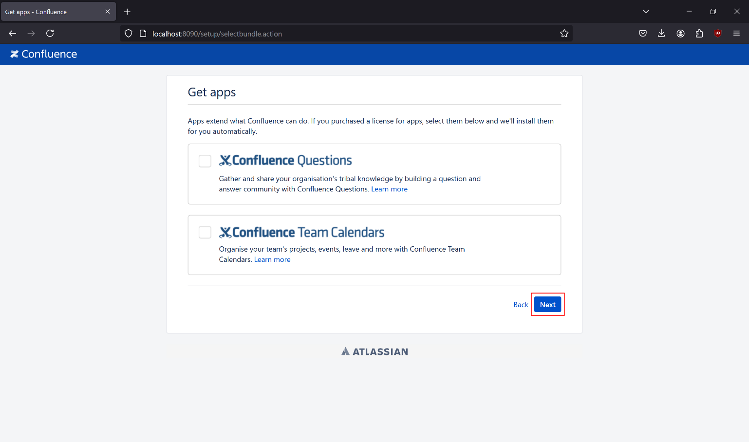 Confluence setup additional apps selection