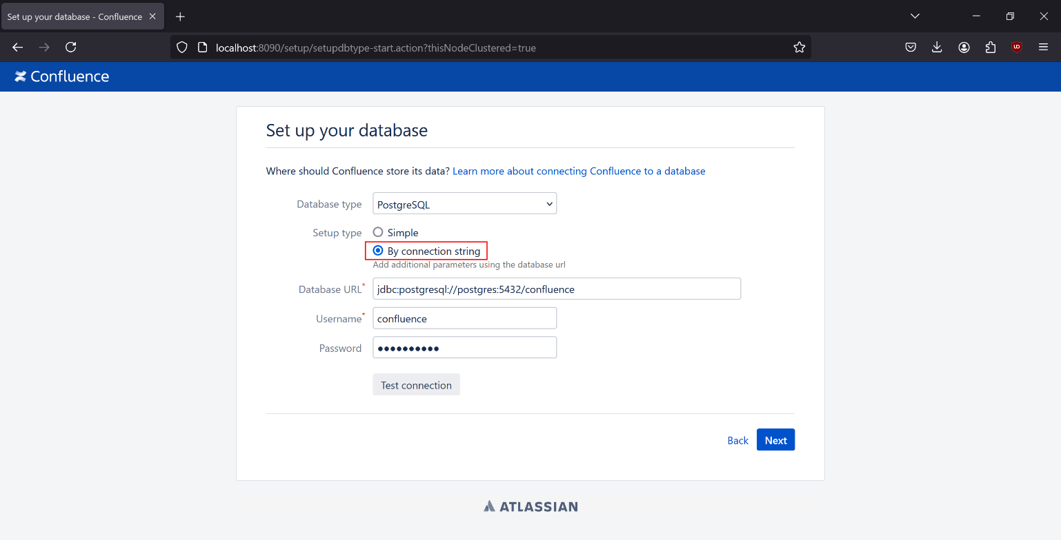Confluence setup postgres connection parameters