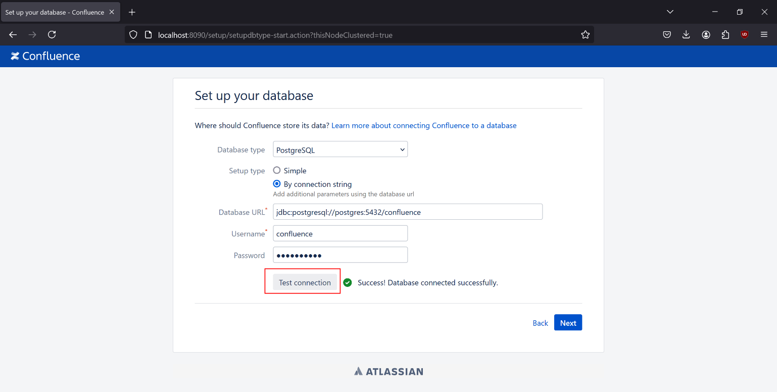 Confluence setup postgres connection success
