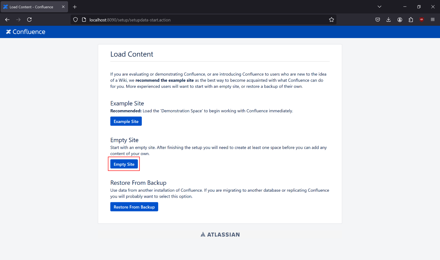 Confluence setup empty site selection