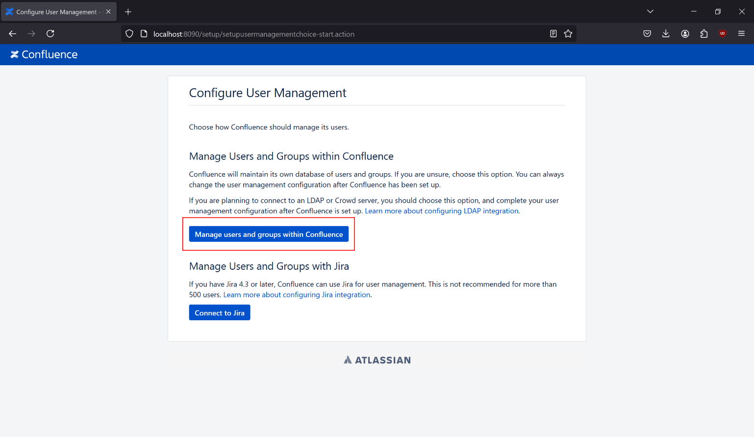 Confluence setup user management selection
