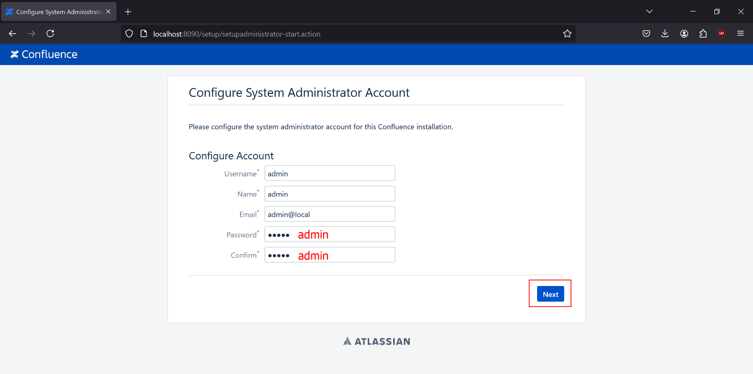Confluence setup admin account creation form