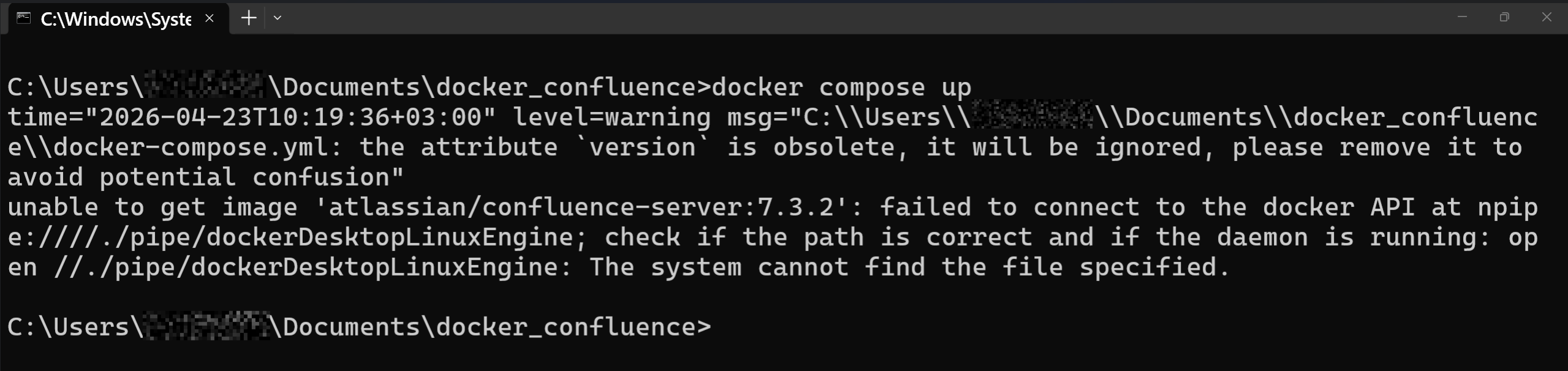 Confluence setup docker docker desktop not running error