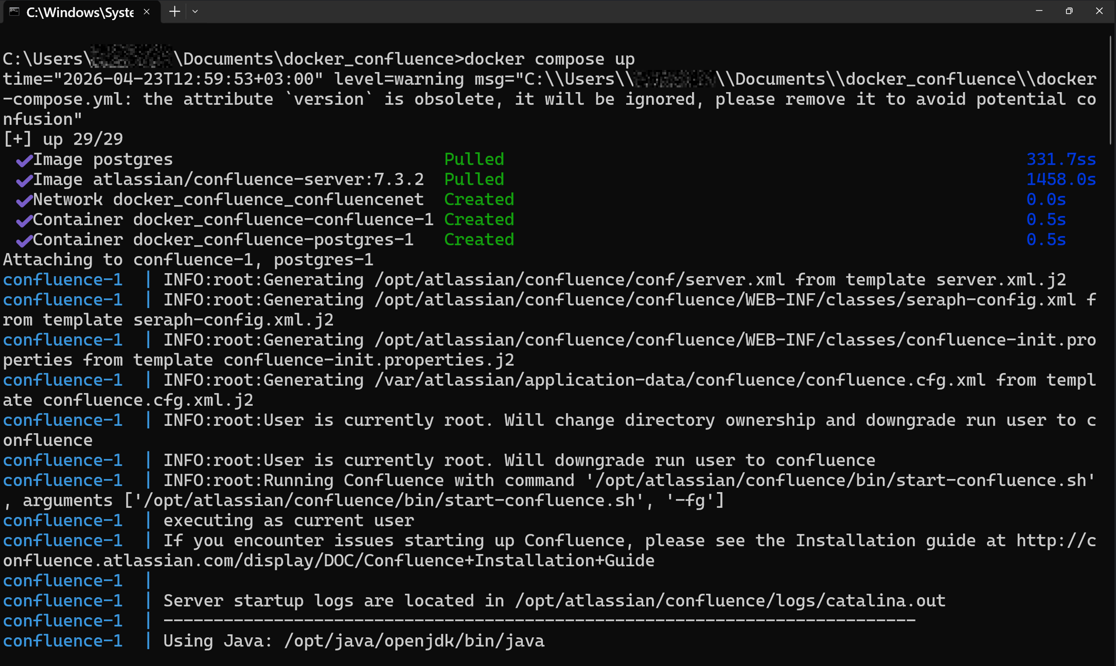Confluence setup docker confluence container startup logs