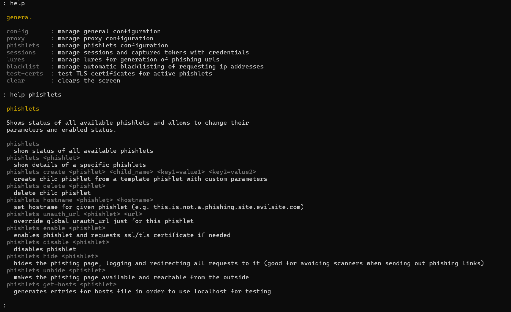 Evilginx phishing evilginx help output