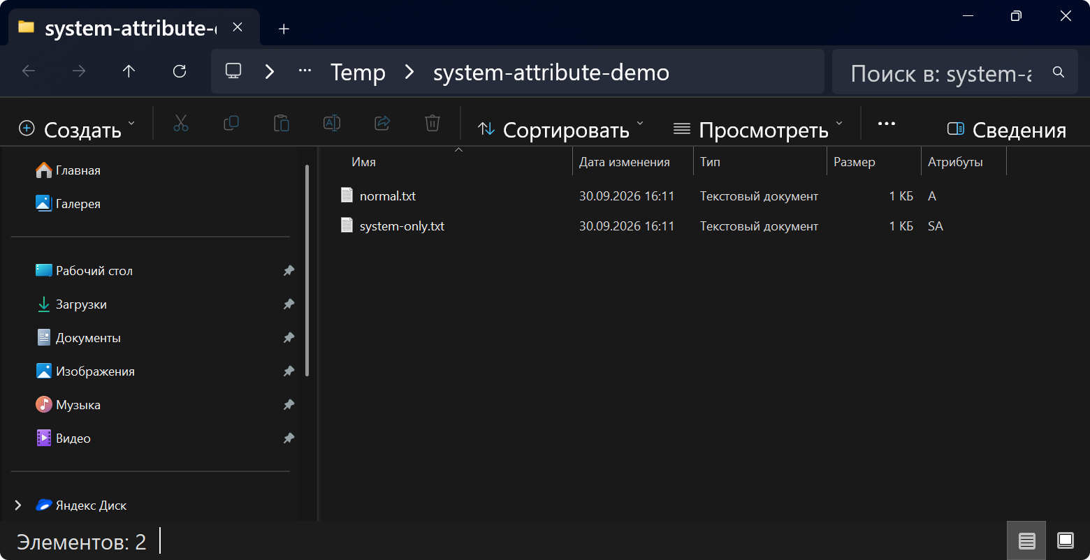 The test folder with default File Explorer settings