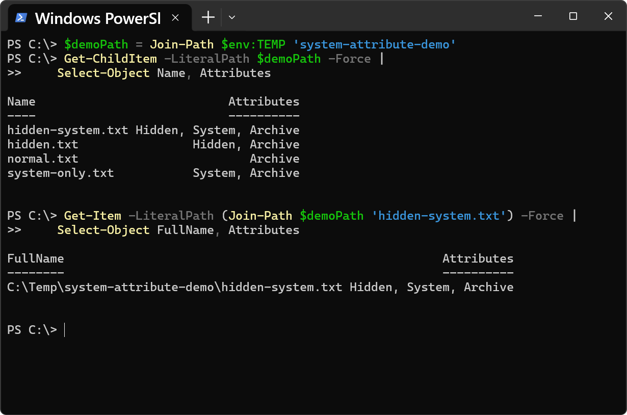 Inspecting file attributes in PowerShell